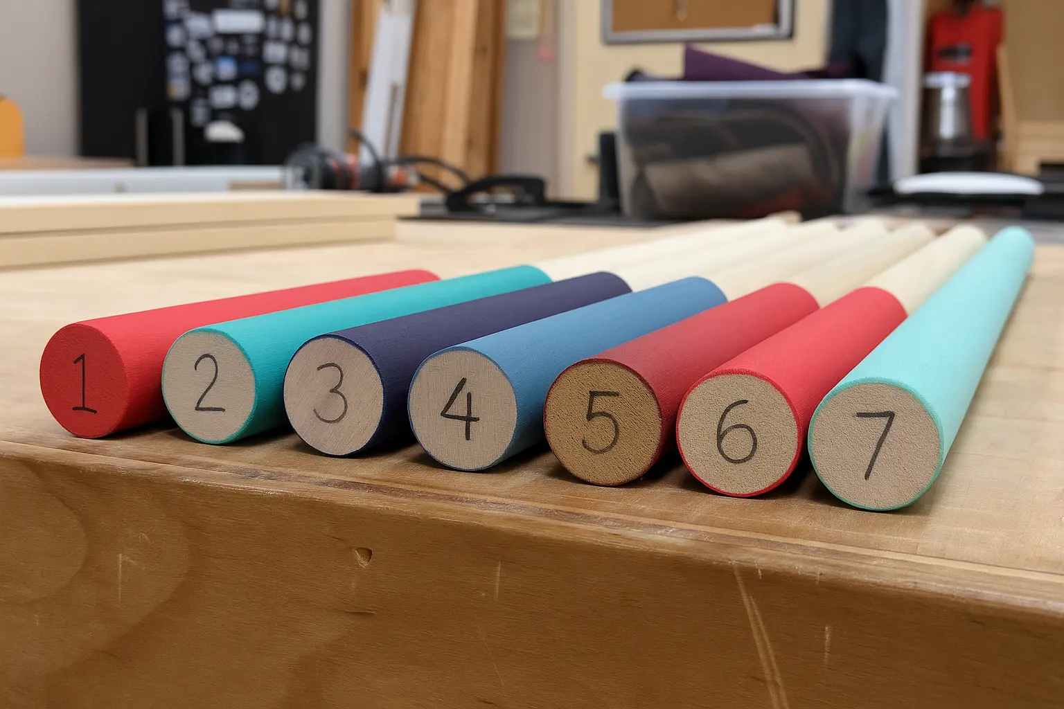 Colorful numbered dowels ready for assembly